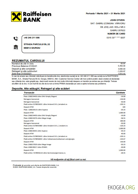 Modèle de relevé bancaire Roumanie Raiffeisen au format Excel et PDF (en langue roumaine)
